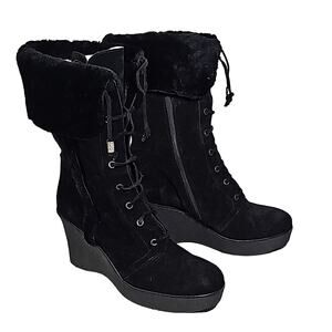 Via Spidga Black Leather Suede Wedge Tall Boots Faux Fur Womens Size 9